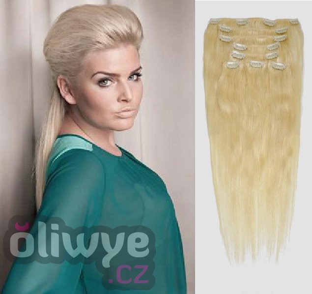 100% lidské vlasy clip in on remy #60 platinová blond 50cm 100g