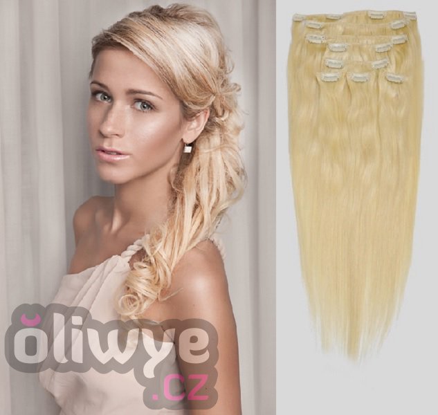 100% lidské vlasy clip in on remy #613 světlá blond 60cm 120g